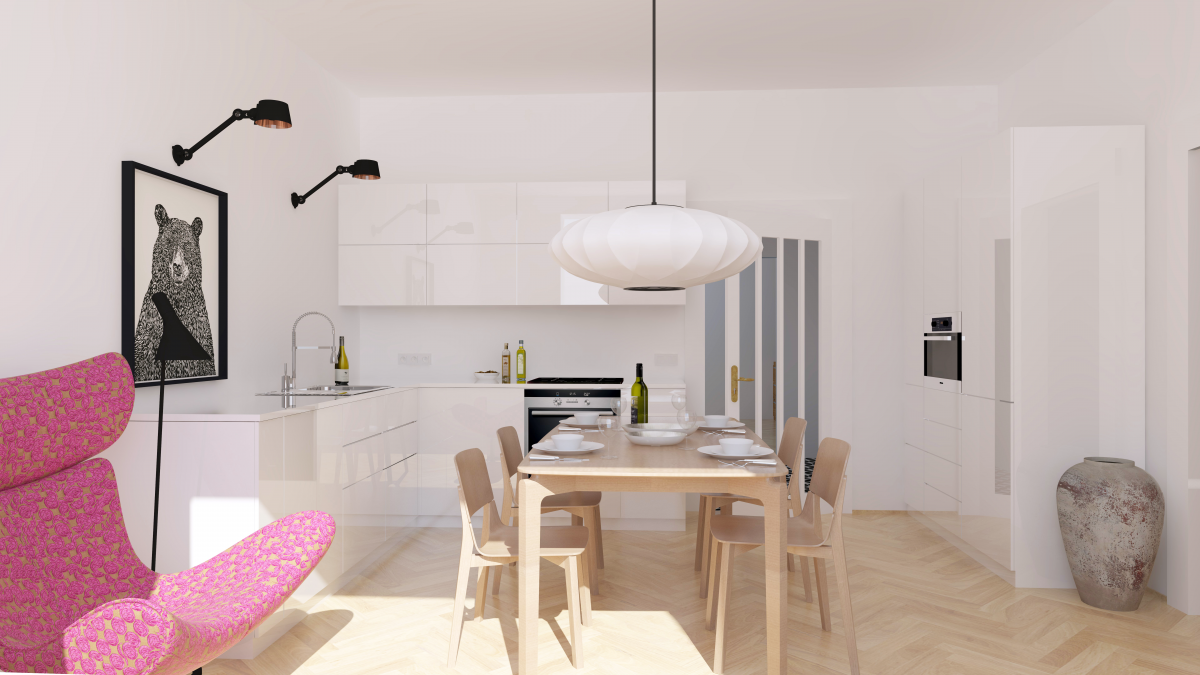 svěží barevný architektonický retrodesign rekonstrukce bytu na Ořechovce Praha na podnájem airbnb Tastruktura jídelna