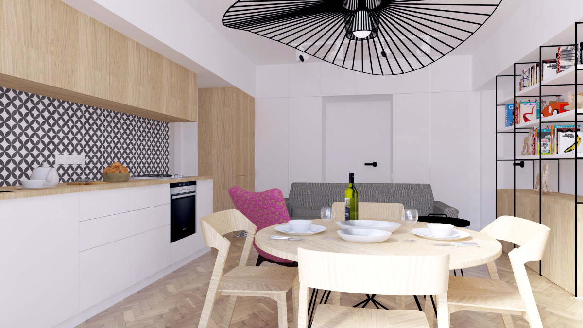 rekonstrukce bytu v industriálním stylu obývací pokoj kuchyň jídelna