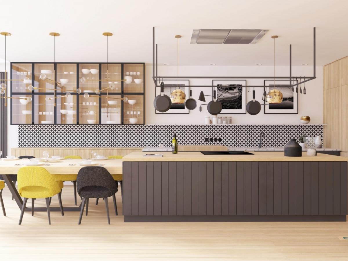 Interiér bytu v novostavbě velká antracitová kuchyň černo-bílé obklady prosklený skleník