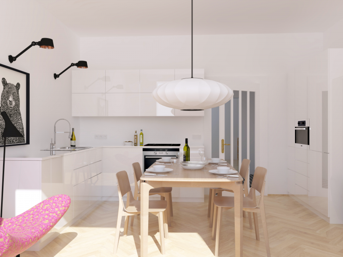 svěží barevný architektonický retrodesign rekonstrukce bytu na Ořechovce Praha na podnájem airbnb Tastruktura jídelna